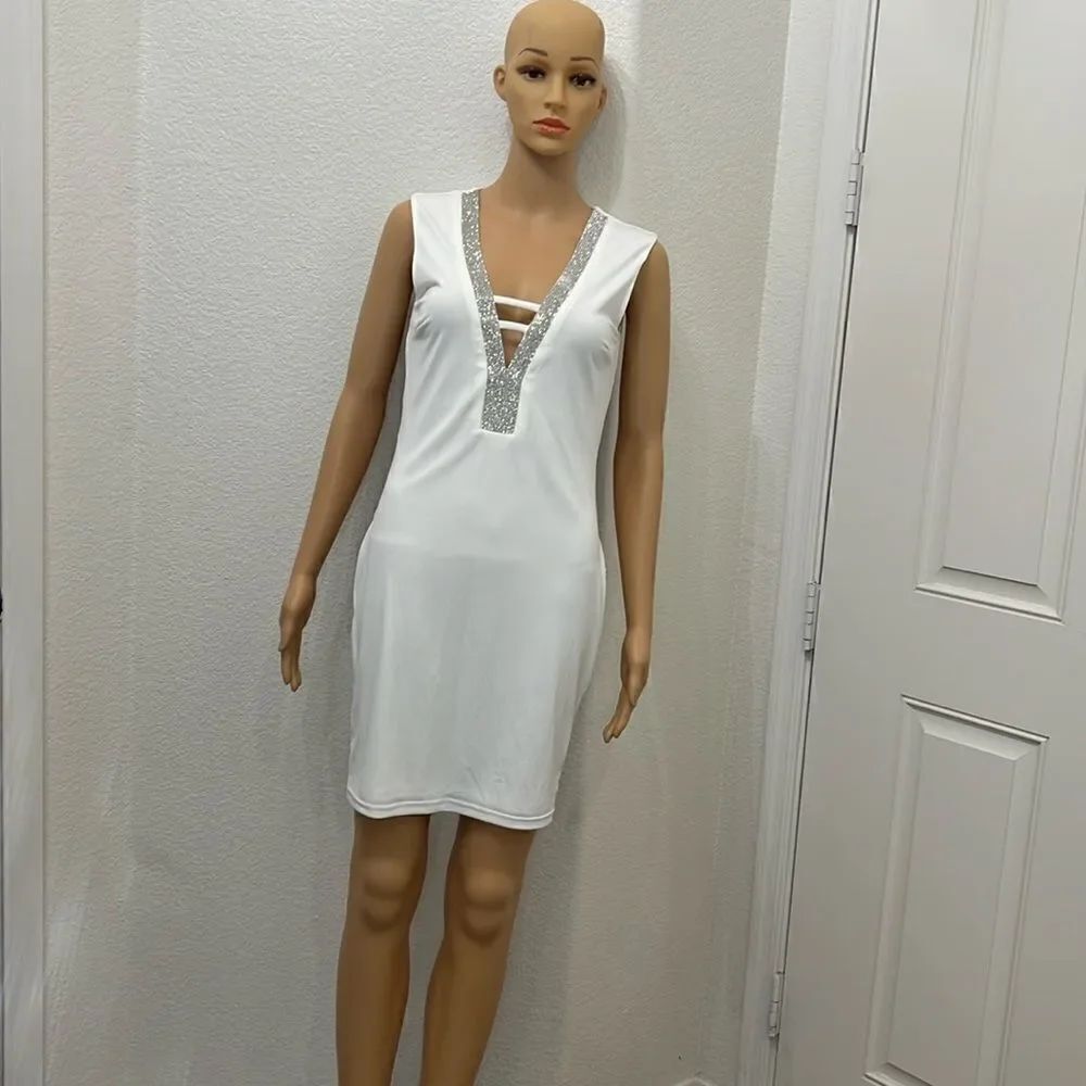 Shop 17 Dress White Silver Sparkle V Neck Backless Sleeveless Mini Lined Sexy